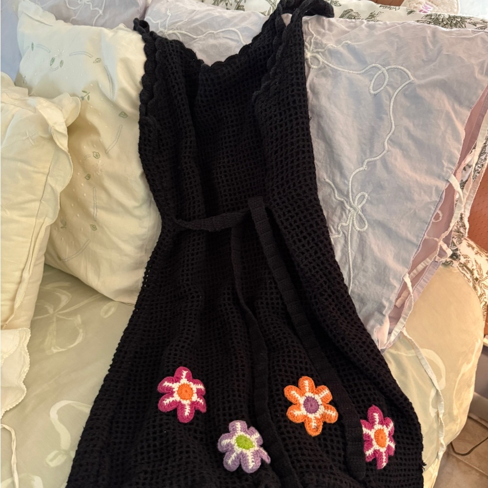 Black Crochet Mini Dress with Floral Accents